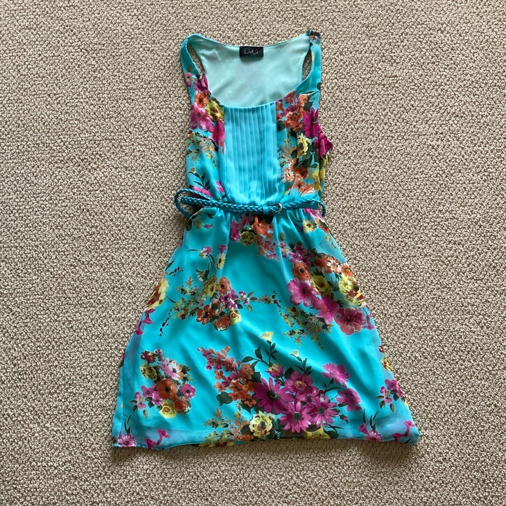DuO Blue Floral Fit & Flare Dress Belted Lined Elastic Waist Like New Size Small